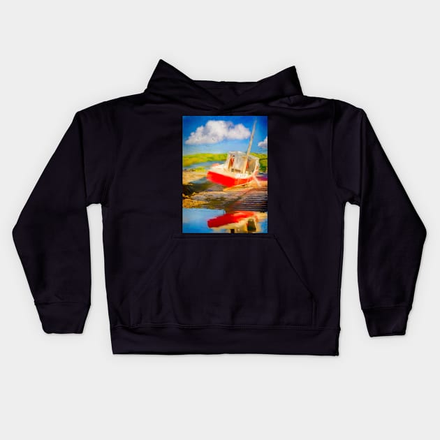 Red Fishing Boat Kids Hoodie by kenmo